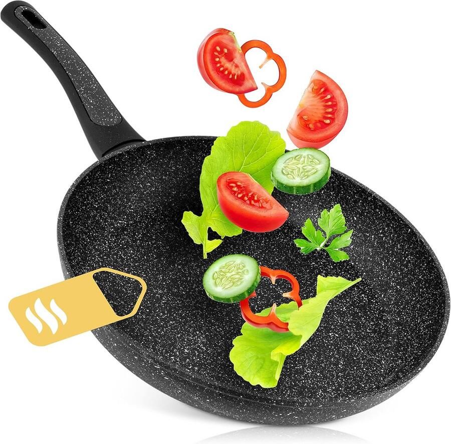 Inductie Koekenpan Gecoate Pan Gezond Koken Echte Steendeeltjes 28 cm Zwart