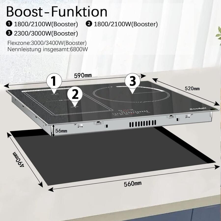 Inductie kookplaat 3 zones Snel koken Flexibele zones 58 x 52 cm Zwart