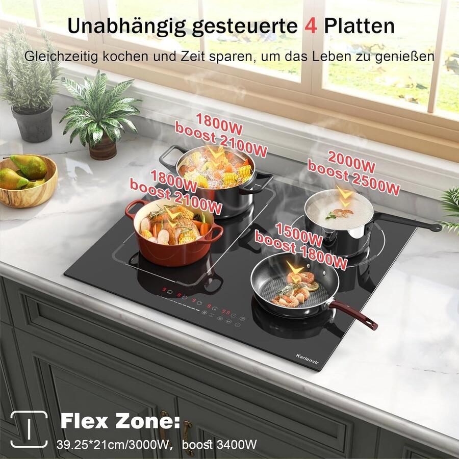 Inductie Kookplaat 4 Pits Koken Snel Koken Uitbreidbare Zone 60 cm Zwart
