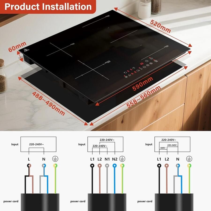 Inductiekookplaat 4 zones Inbouw kookplaat Snel koken Flexibele zone 60 cm Zwart
