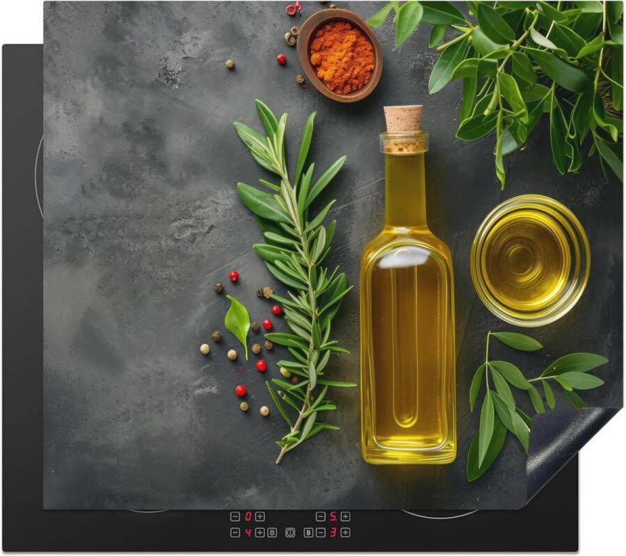 Inductie Kookplaat Beschermer 59x52 cm Beton Look met Olijfolie en Bladeren Anti Slip Mat voor Keuken Decoratie
