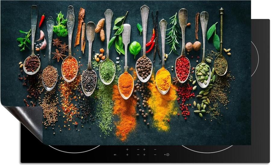 Inductie kookplaat beschermer Aanrecht mat Keuken decoratie Uniek kruiden design 83x52cm Spices on spoons