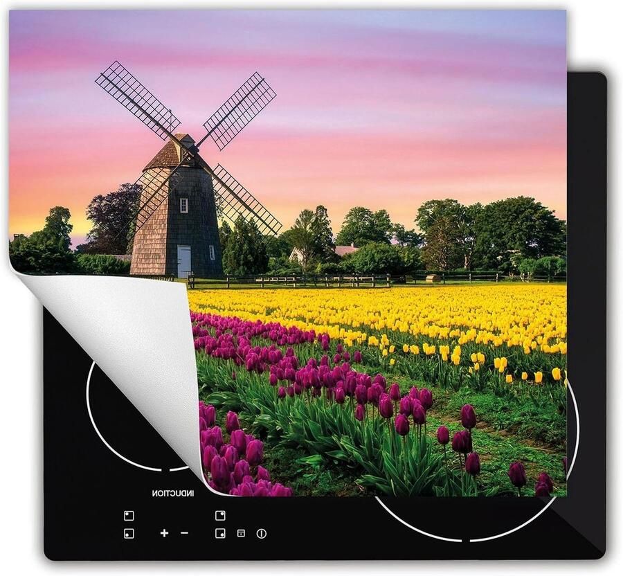 Inductie Kookplaat Beschermer Afdekplaat Mat Extra Werkruimte Creëren Antislip Vinyl Materiaal 60x52 cm Tulpen Windmolen