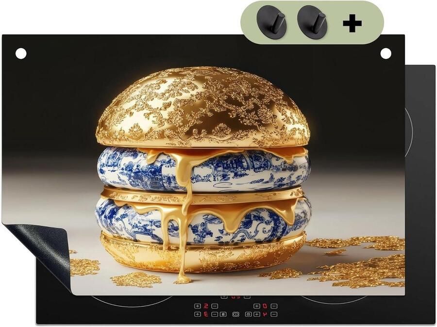 Inductie Kookplaat Beschermer Afdekplaat Werkblad Keuken Decoratie Fotodruk Delfts Blauw 52x81 cm Goud
