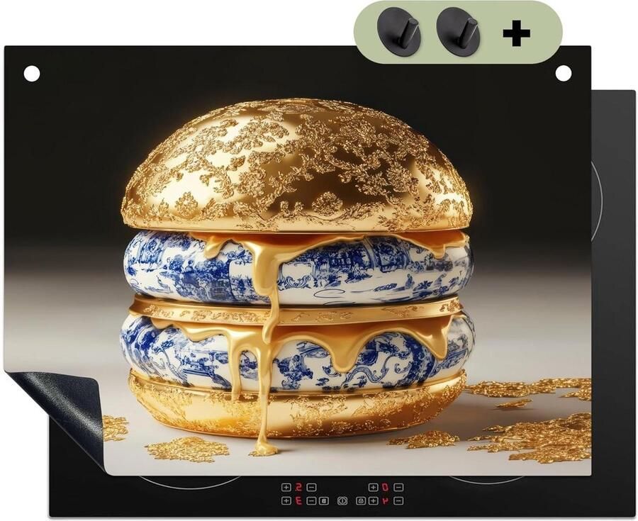 Inductie Kookplaat Beschermer Kookplaatmat Spatscherm Keuken Decoratie Delfts Blauw Design 52x71 cm Blauw Goud