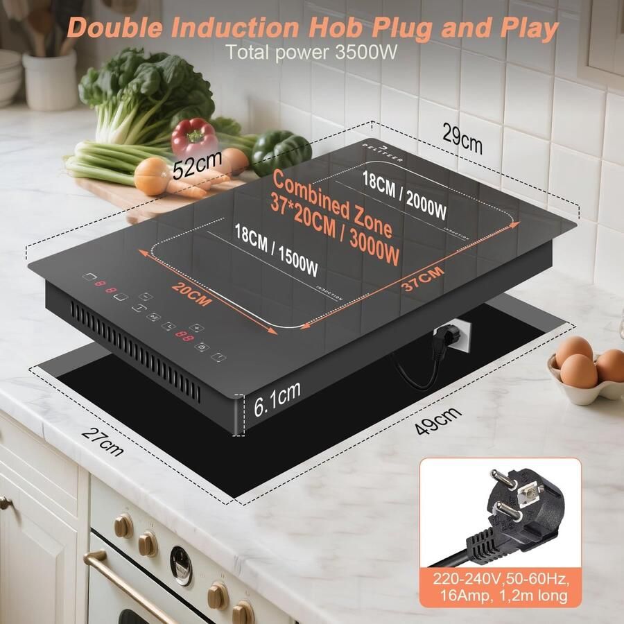 Inductie Kookplaat Elektrisch Fornuis Snel Koken Flexzone Grill 29x52cm Zwart