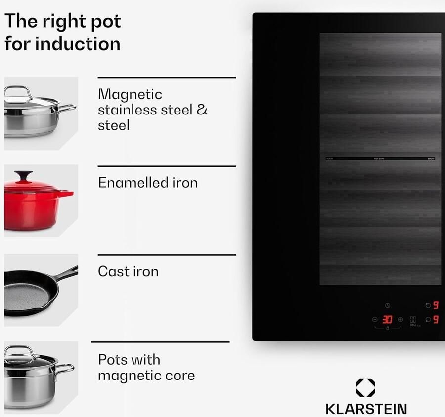 Inductie Kookplaat Elektrisch Fornuis Snel Koken ThermoBoost Functie 70cm 4 Zones Zwart