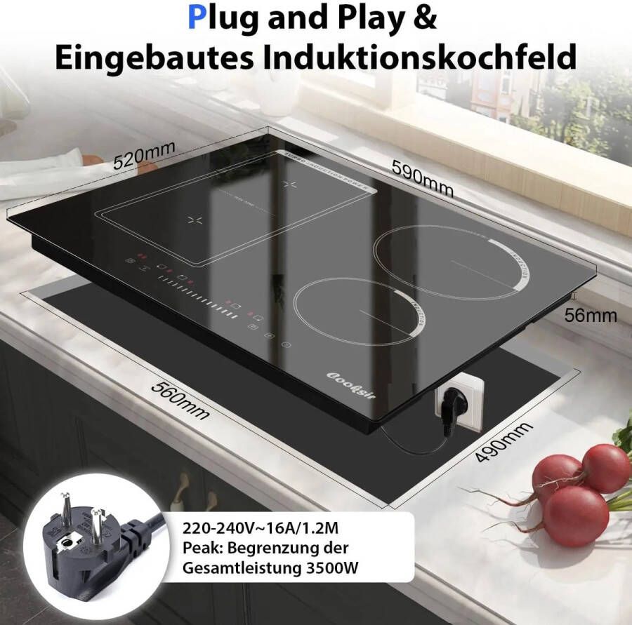 Inductie kookplaat Induction Hob Induction Cook Top Inductie Fornuis Elektrische Brander 4 Platen met Stekker Inbouw 59 cm 500 W Combinatiezone voor Grill Slider Touch Control 220 V 50 Hz Zwart