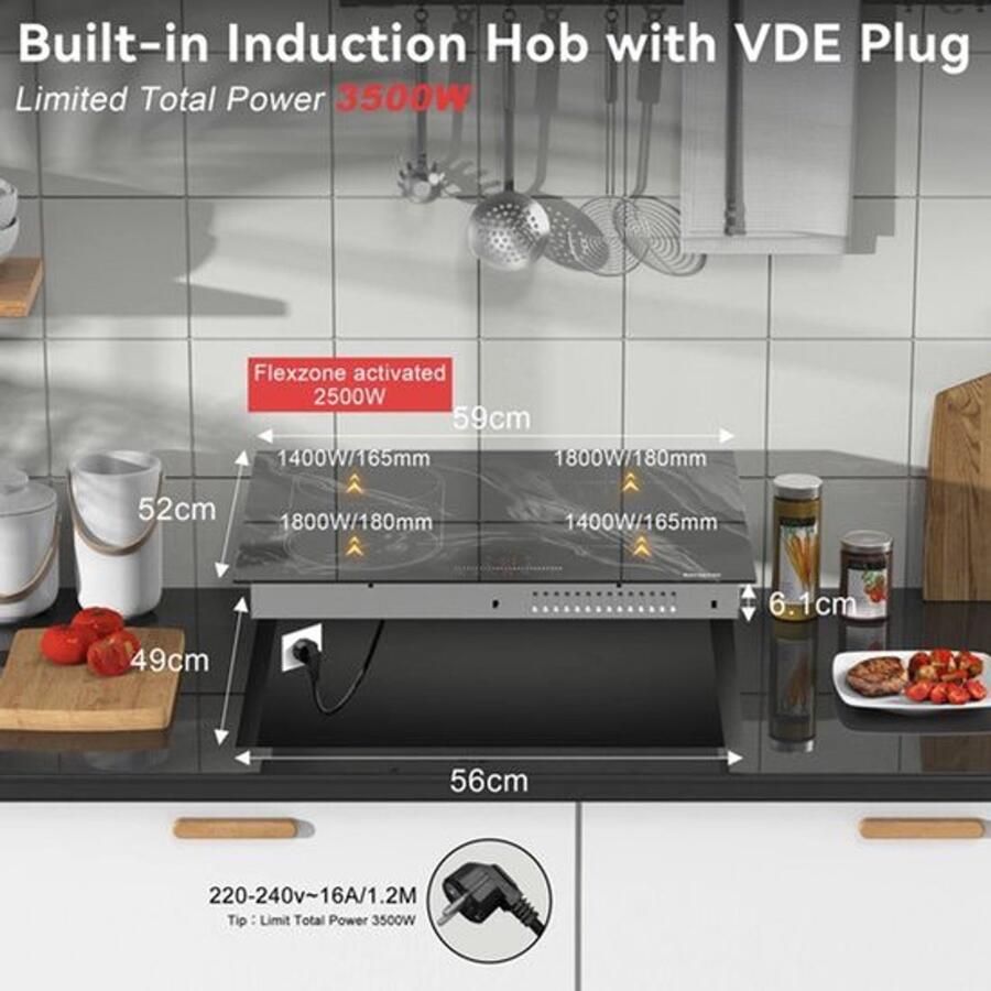 Corenia Inductie kookplaat Induction Hob Induction Cook Top Inductie Fornuis Elektrische Brander stekker en flexzone 3500W met touchbediening 4-pits inductiekookplaat met marmering veiligheidsslot Zwart - Foto 4
