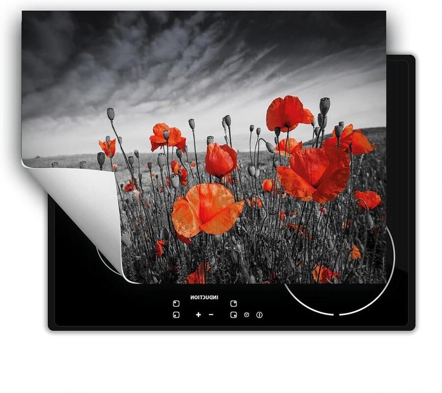 Inductie Kookplaat Protector Aanrechtblad Beschermer Extra Werkruimte Creëren Kras- en Vlekbestendig 80x52 cm Grijs Rood Poppies