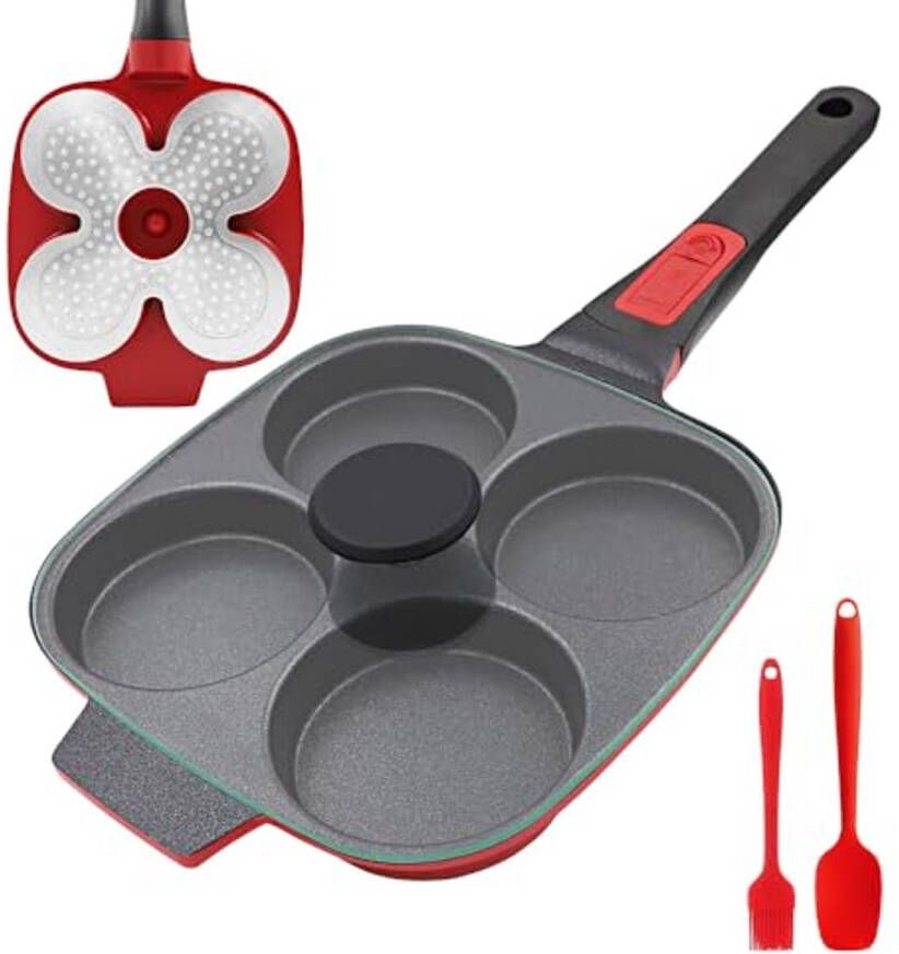 Inductie Omeletpan met Afneembaar Handvat en Deksel 4-Gats Anti-aanbak Pannenkoekenpan