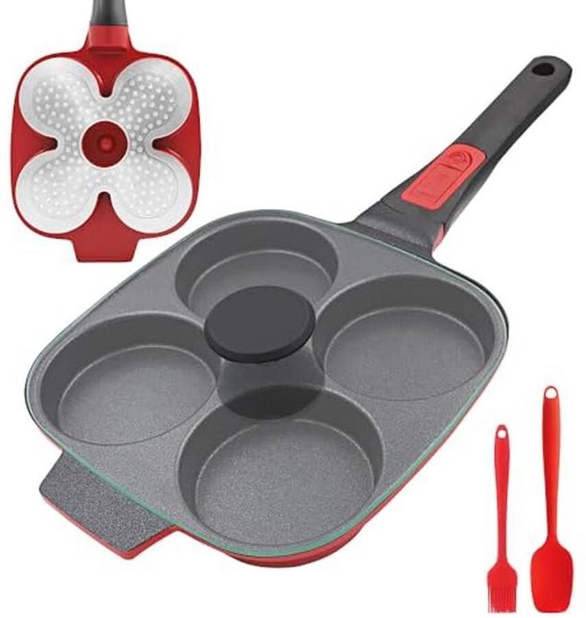 Inductie Omeletpan met Afneembaar Handvat en Deksel 4-Gats Anti-aanbak Pannenkoekenpan