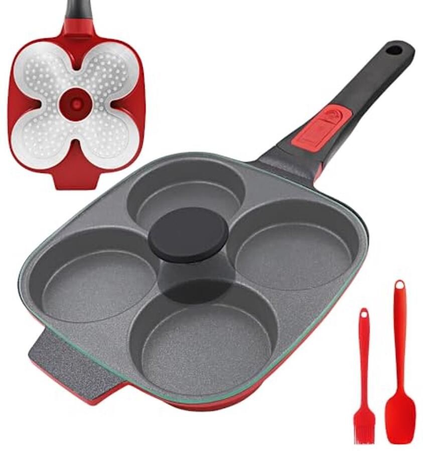 Inductie Omeletpan met Afneembaar Handvat en Deksel 4-Gats Anti-aanbak Pannenkoekenpan