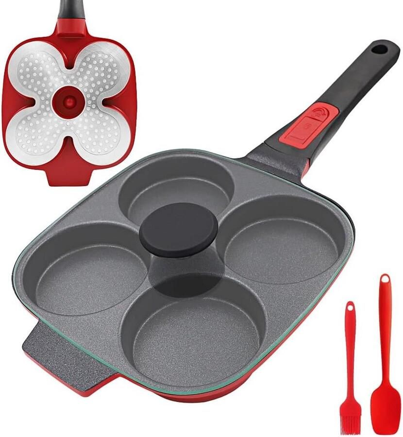 Inductie Omeletpan met Afneembaar Handvat en Deksel 4-Gats Anti-aanbak Pannenkoekenpan