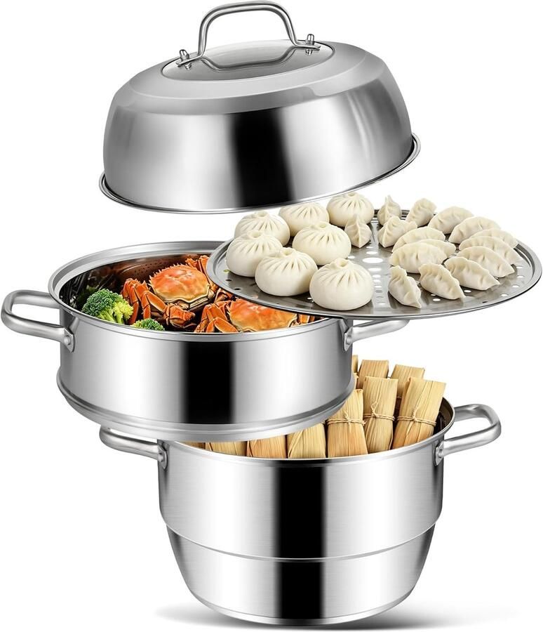 Inductie Stoomboot Stoompan RVS Gezond Koken 3-laags Bodem 28 cm Diameter Zilver