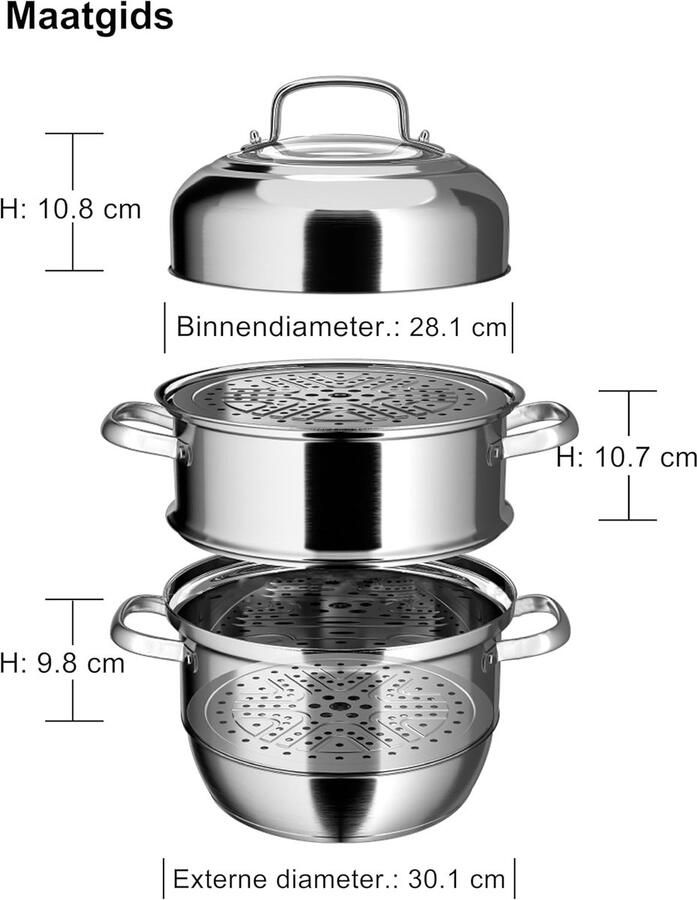 Inductie Stoompan Stoomkoker RVS Gezond Koken 3-laags Bodem 30 cm Zilver