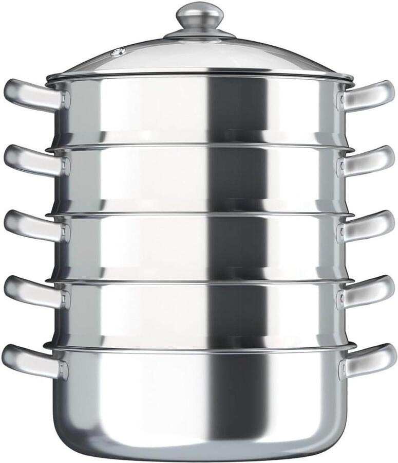 Inductie Stoompan Stoomkoker RVS Gezond Koken 5 Lagen Stapelbaar 30 cm Diameter Zilverkleurig
