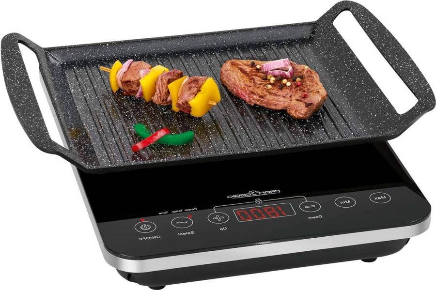 Inductie-tafelgrill PC-ITG 1130 10 standen 60 tot 240 °C 3 led-controlelampjes 2000 watt aluminium grillplaat glaskeramisch oppervlak Geschikt voor inductie