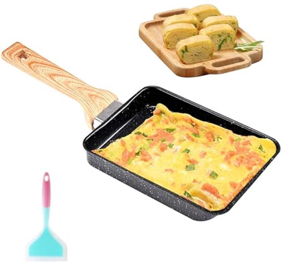 Inductie Tamagoyaki Pan met Silicone Spatel en Afneembare Handgreep Anti-aanbak Omeletpan