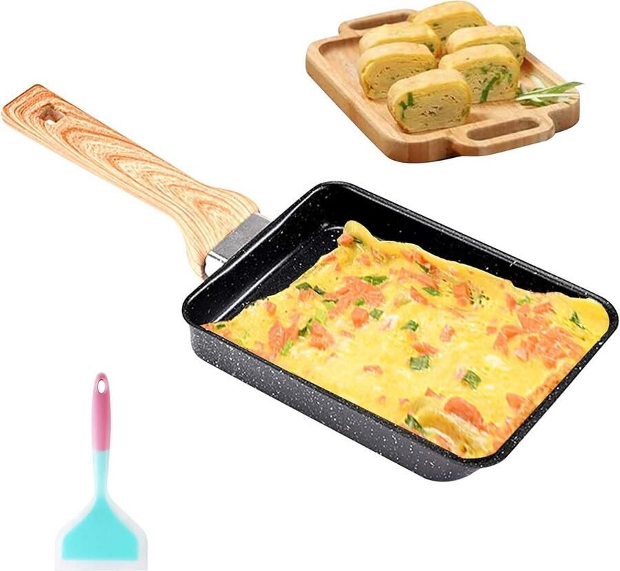 Inductie Tamagoyaki Pan met Silicone Spatel en Afneembare Handgreep Anti-aanbak Omeletpan