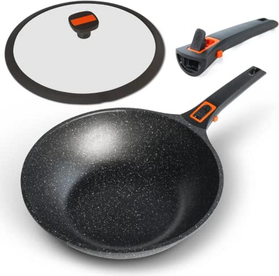 Inductie Wok 29cm met Deksel en Afneembare Handgreep Geschikt voor Gas en Elektrische Kookplaten