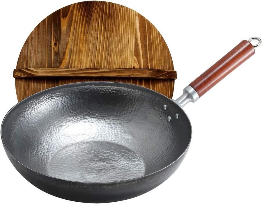 Inductie Wokpan Koolstofstaal Wok Buiten Koken Afneembaar Houten Handvat 32 cm Zwart