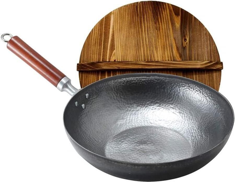Inductie Wokpan Koolstofstaal Wok Buiten Koken Afneembaar Houten Handvat 32 cm Zwart