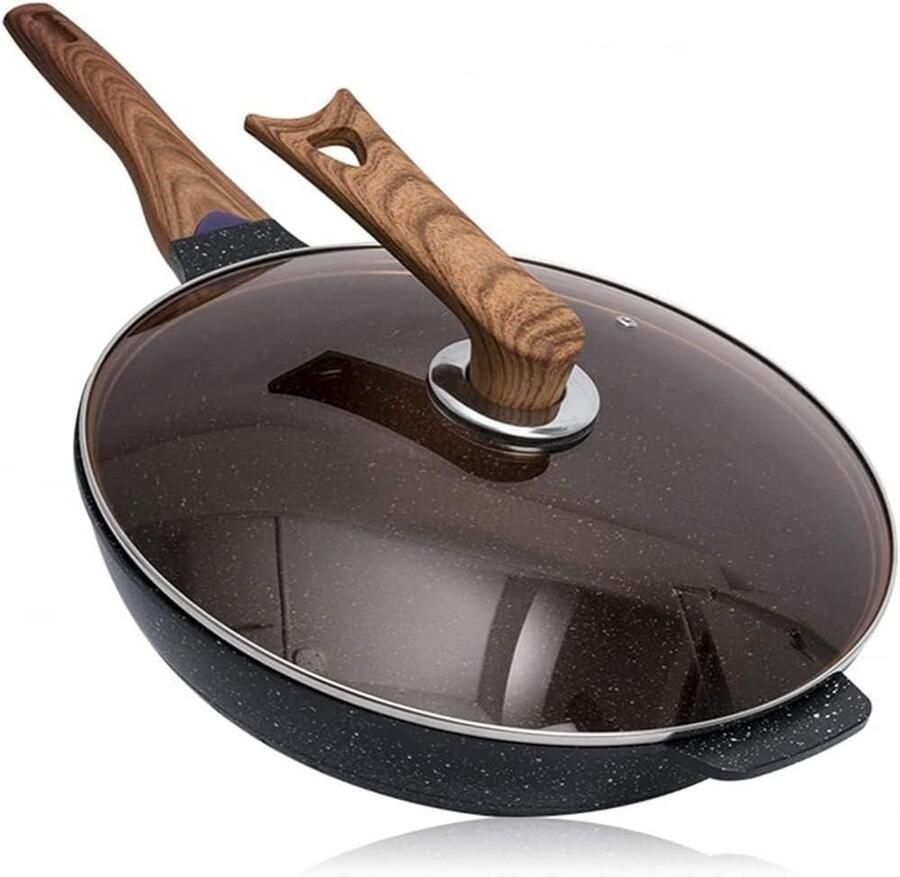 Inductie Wokpan Roerbakpan RVS Snel Koken Antiaanbak Marmercoating 34cm Diameter Zwart