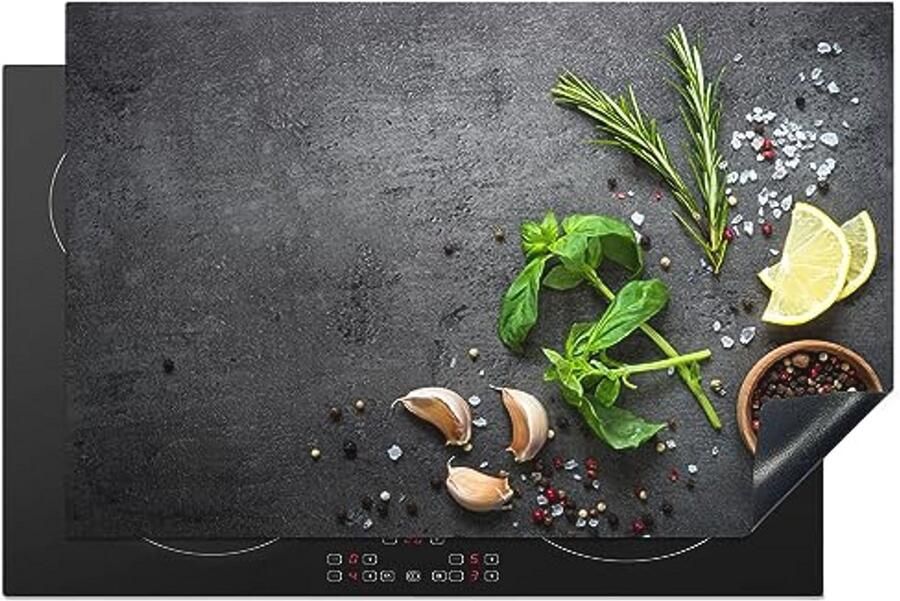 Inductiebeschermer 81x52cm Keuken Decoratie Antislip Mat voor Inductiekookplaat Groene en Grijze Ontwerp Kruiden en Specerijen