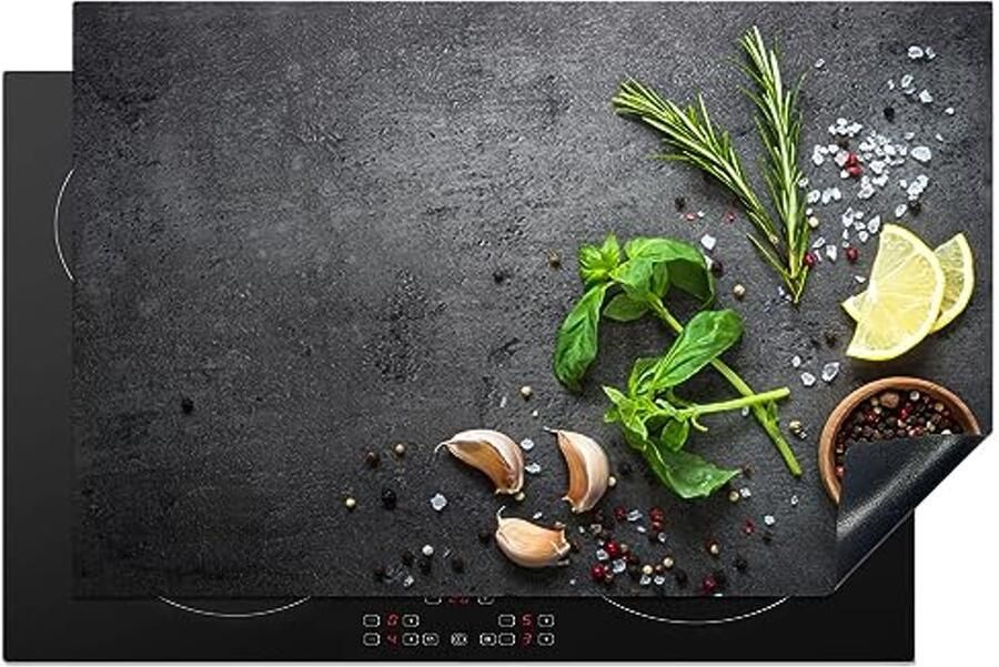 Inductiebeschermer 81x52cm Keuken Decoratie Antislip Mat voor Inductiekookplaat Groene en Grijze Ontwerp Kruiden en Specerijen