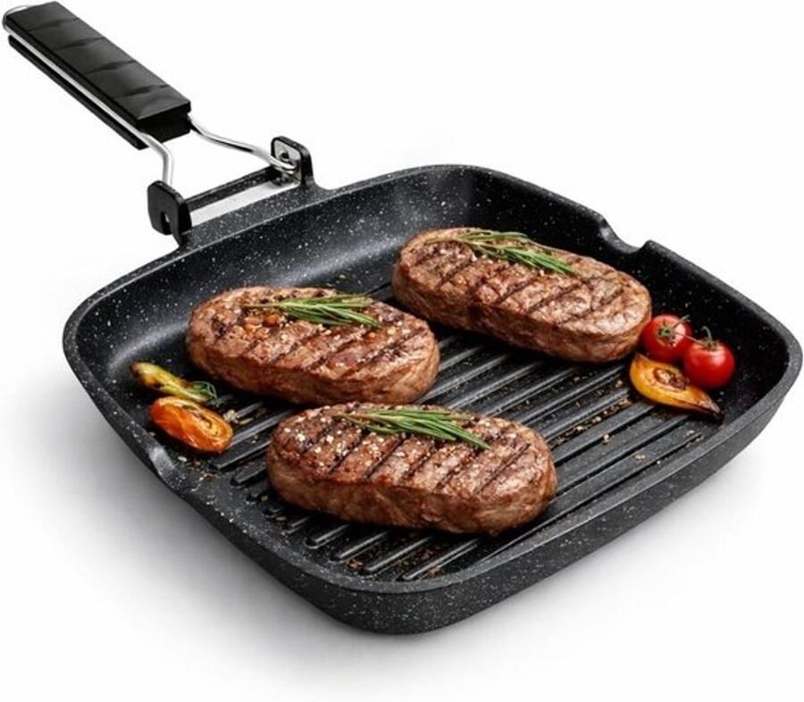 Inductiegrillpan Antiaanbakplaat Gezond koken Inklapbare handgreep 24 x 24 cm Zwart