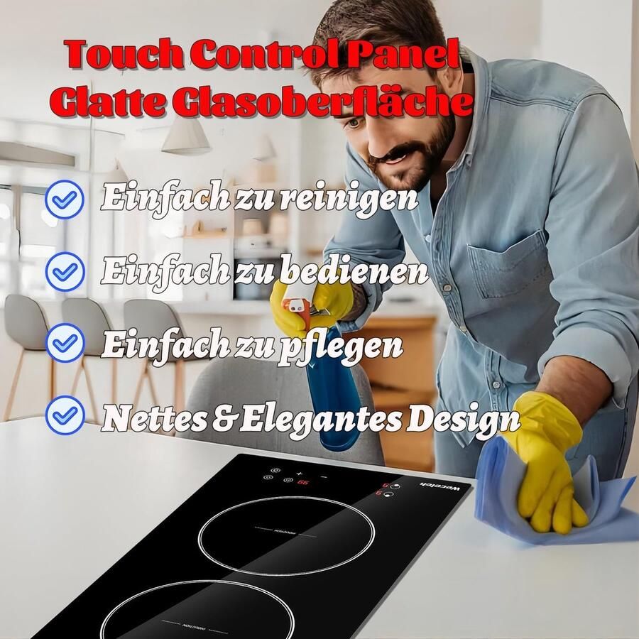 Inductiekookplaat 2 pits Inbouw kookplaat Snel koken 9 vermogensniveaus 28 cm breed Zwart