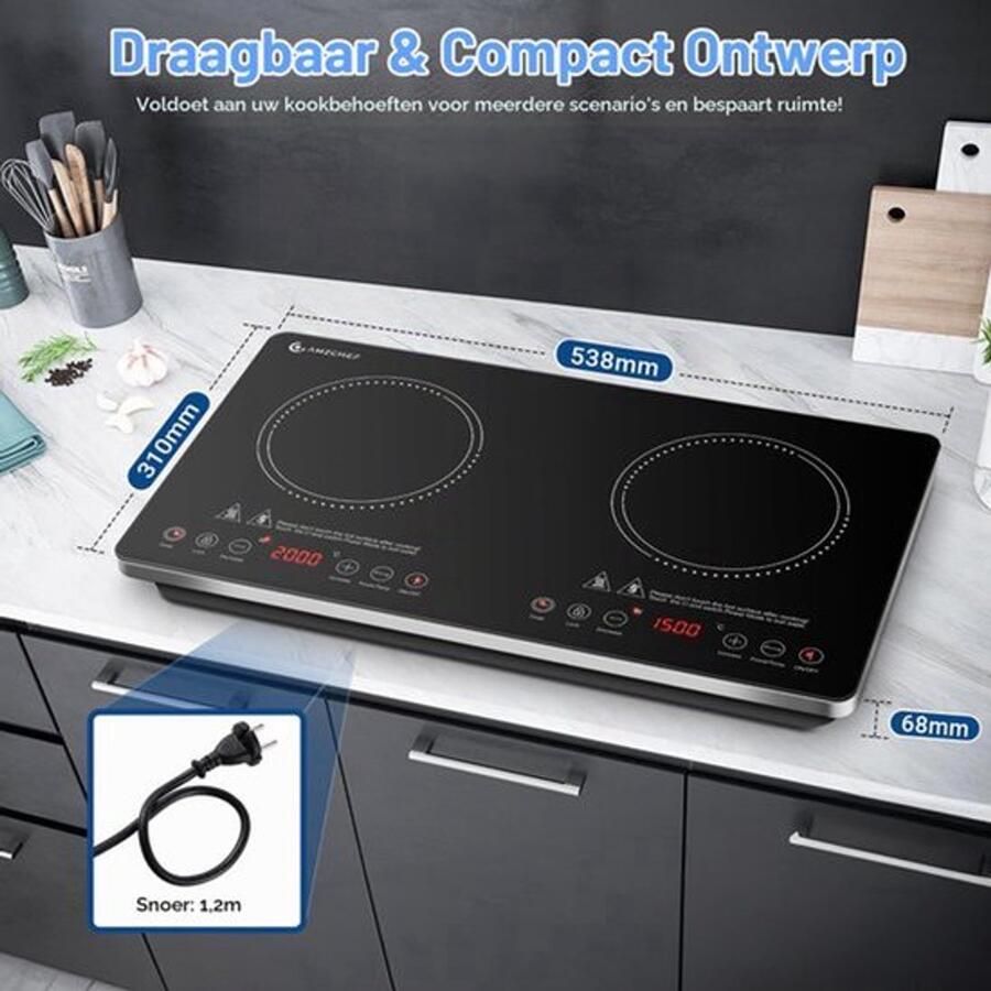 Inductiekookplaat 2 Platen 3500 W Vermogen Glas Zwart Elektrisch Bedraad Knopbediening Vrijstaande Kookplaat
