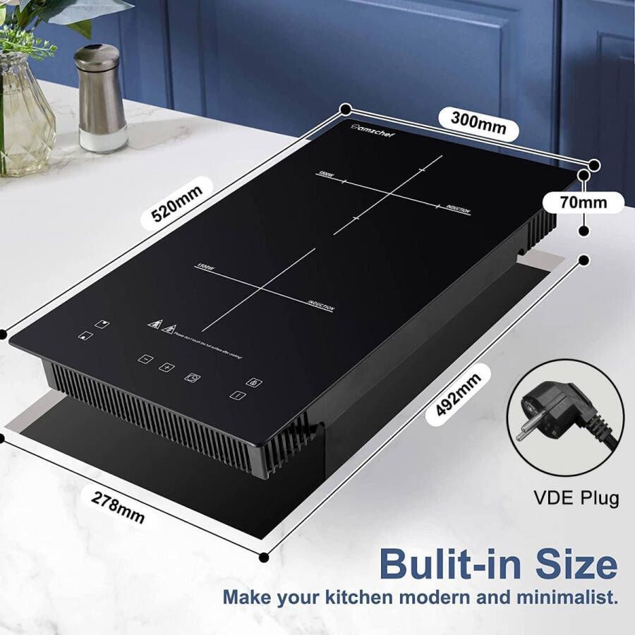 Inductiekookplaat 2 platen inbouw 9 standen boosterfunctie veiligheidsslot timer 1-99 minuten 3300 W inductiekookplaat inbouw