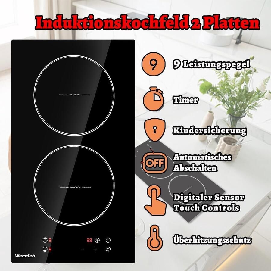 Inductiekookplaat 2 Platen Inbouw Kookveld Snel Koken Roestvrijstalen Kader 28 cm Breed Zwart