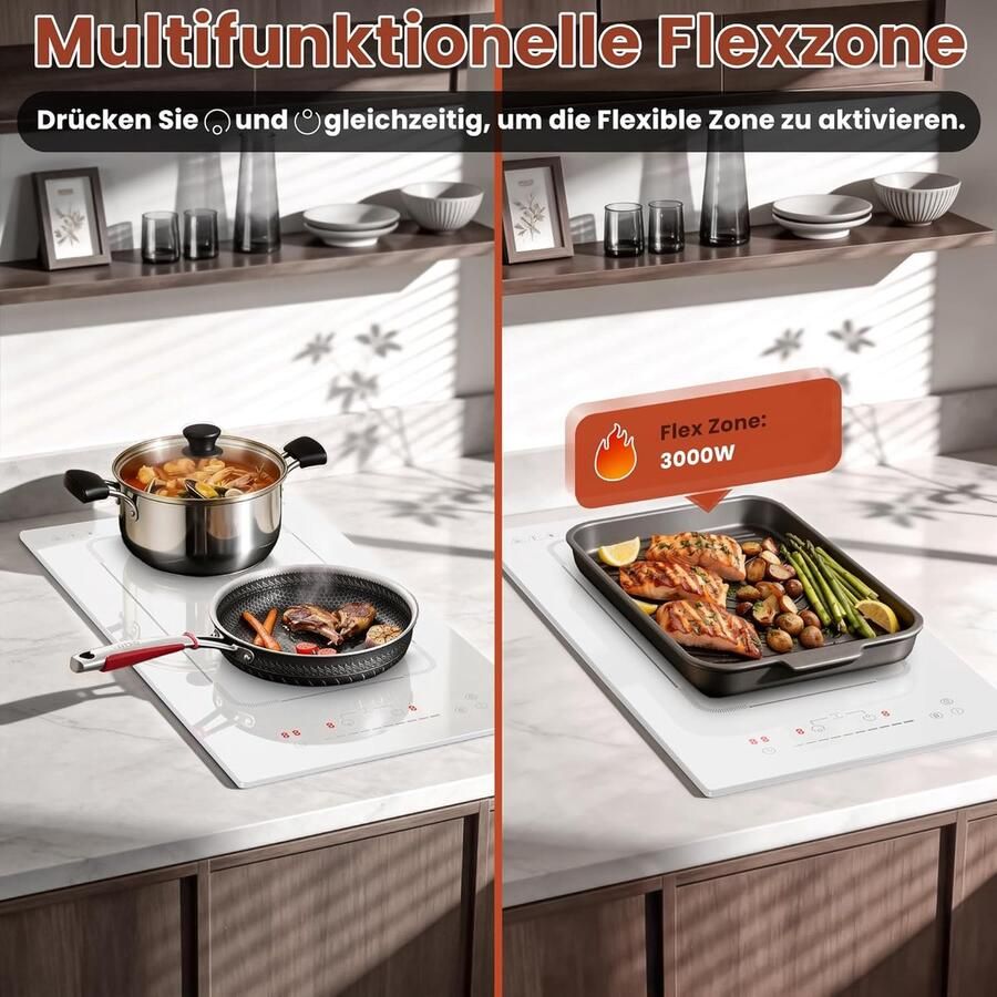 Inductiekookplaat 2 platen Keramisch fornuis Snel koken Met flexzone 30 cm breed Wit