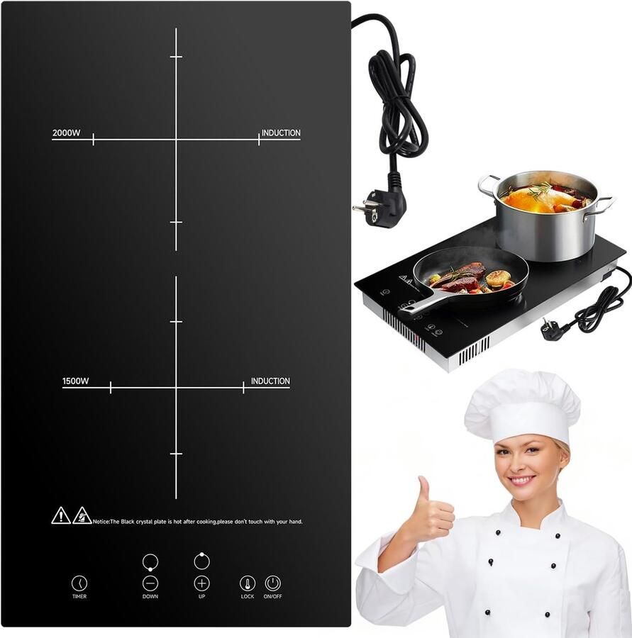 Inductiekookplaat 2 zones Kookveld elektrisch Snel koken Kinderveiligheid touch 29CM breed Matzwart