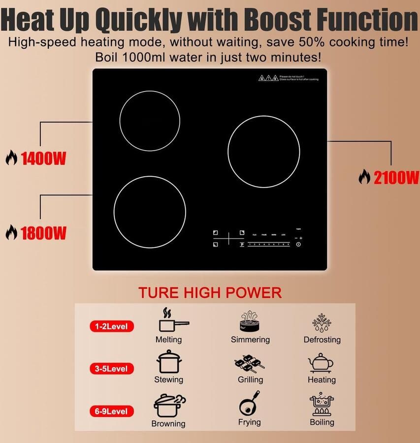 Inductiekookplaat 3 pits Inbouw fornuis Thuis koken Snelle warmte 58 cm breed Zwart