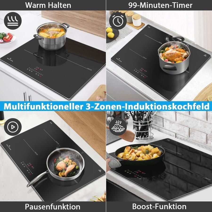 Inductiekookplaat 3 zones 59 cm Inbouw kookplaat met frame