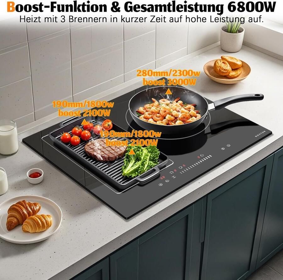 Inductiekookplaat 3 zones Inbouw kookplaat Flexibel koken Combineerbare zones 60 cm Zwart