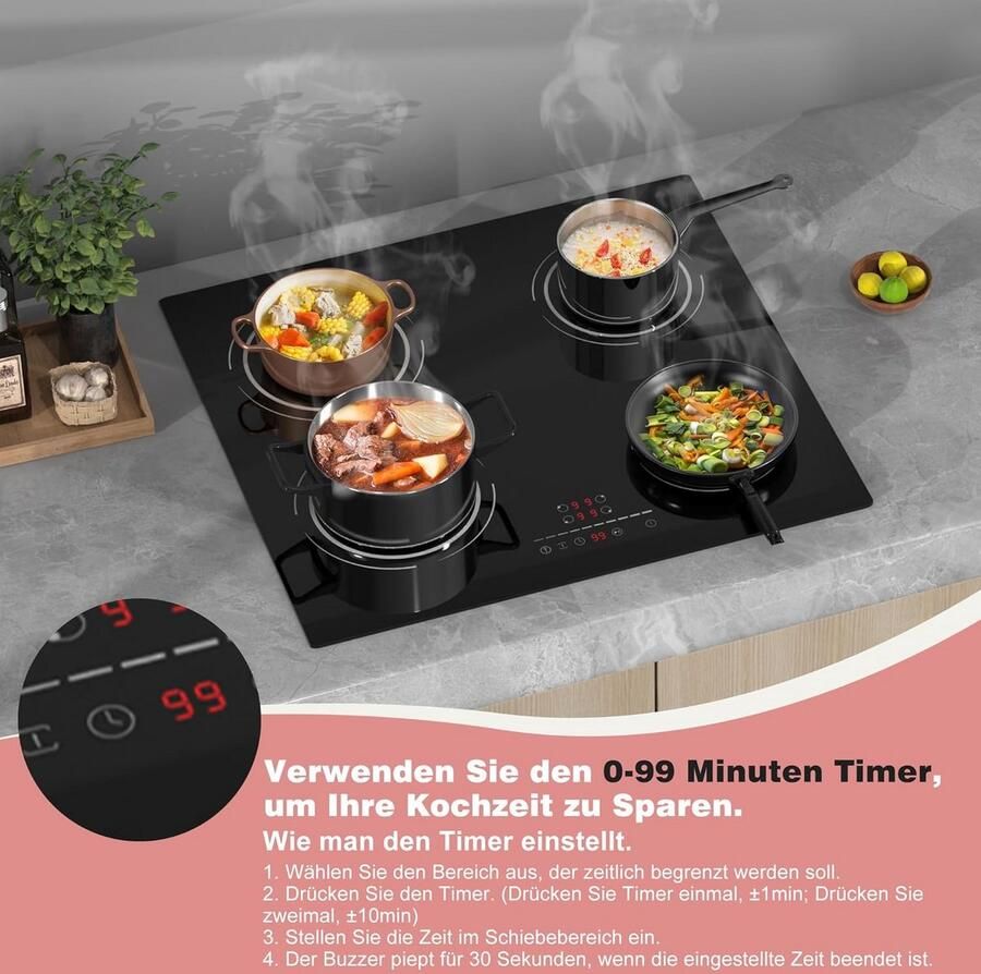 Inductiekookplaat 4 Pitten Kookplaat Elektrisch Snel Koken Flexibele Zone 6400 W Zwart