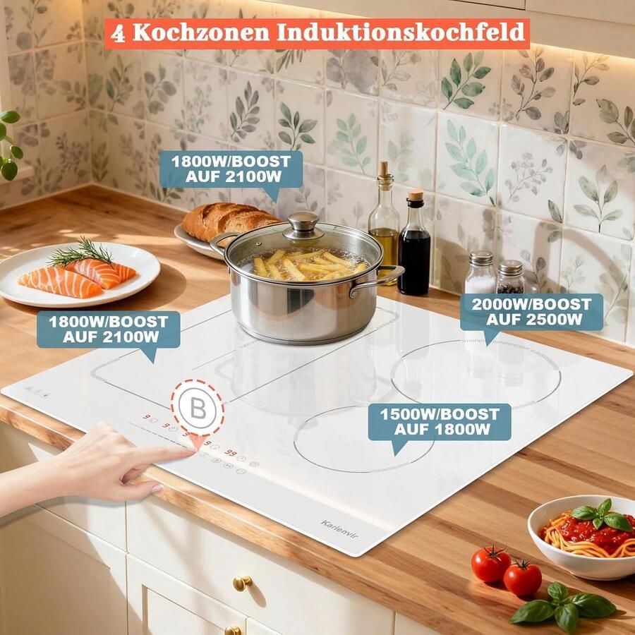 Inductiekookplaat 4 platen Inbouw kookveld Snel koken Flexzone met stekker 60 cm Wit