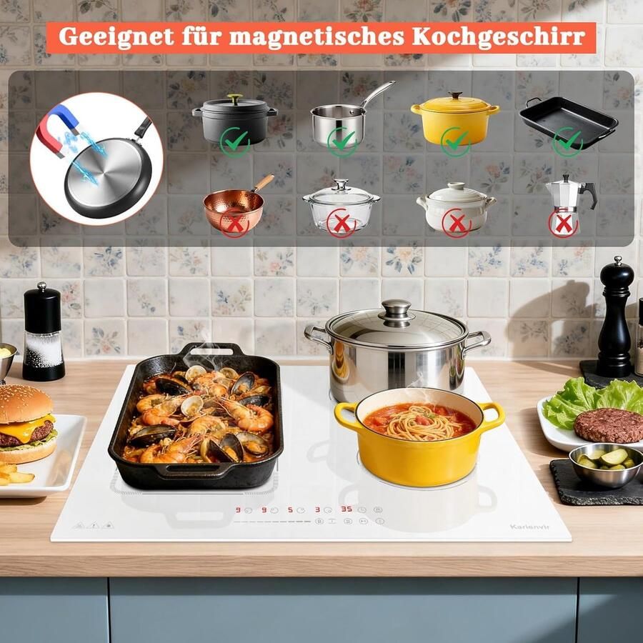 Inductiekookplaat 4 platen Inbouw kookveld Snel koken Flexzone met stekker 60 cm Wit