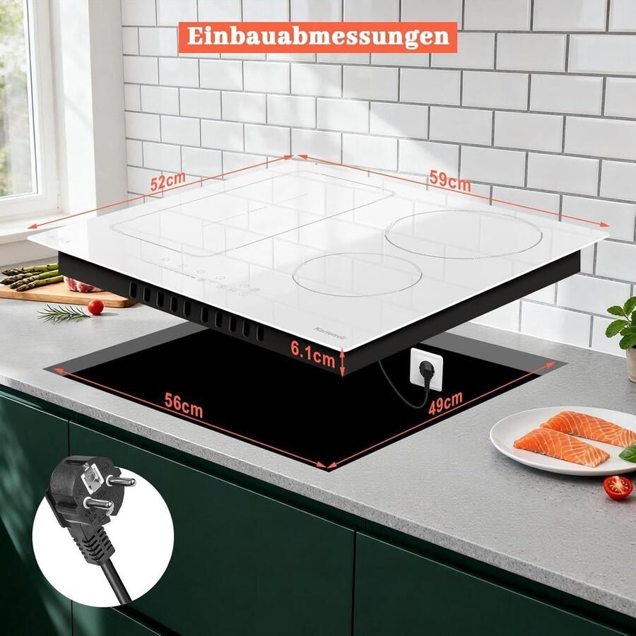 Inductiekookplaat 4 platen Inbouw kookveld Snel koken Flexzone met stekker 60 cm Wit