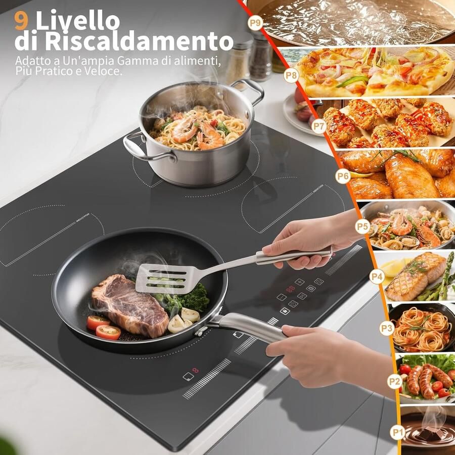 Inductiekookplaat 4 Platen Keramische Kookplaat Inbouw Snel Koken En Bradern 9-Traps Temperatuurregeling 60 cm Zwart