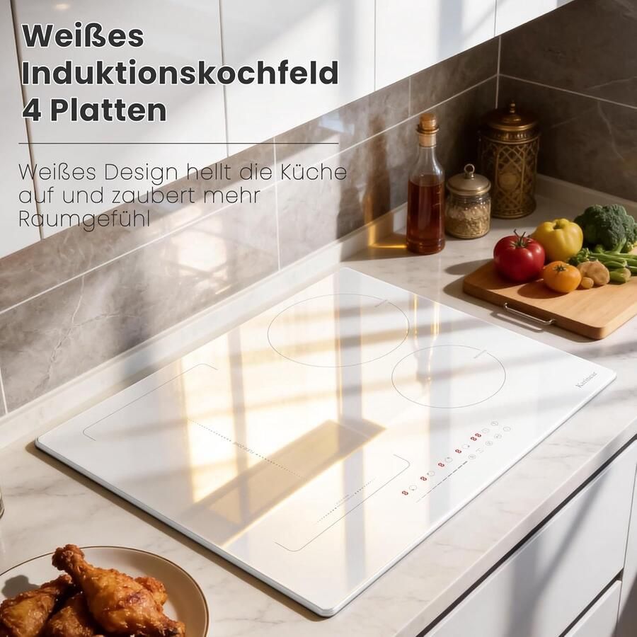 Inductiekookplaat 4 zones Flexzone kookplaat Moderne keuken Wit borosilicaatglas 60 cm breed Wit