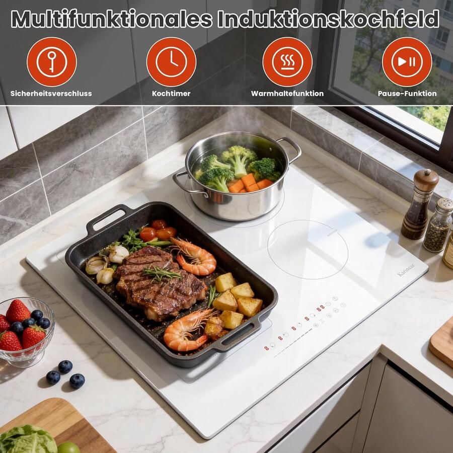 Inductiekookplaat 4 zones Flexzone kookplaat Moderne keuken Wit borosilicaatglas 60 cm breed Wit - Foto 2