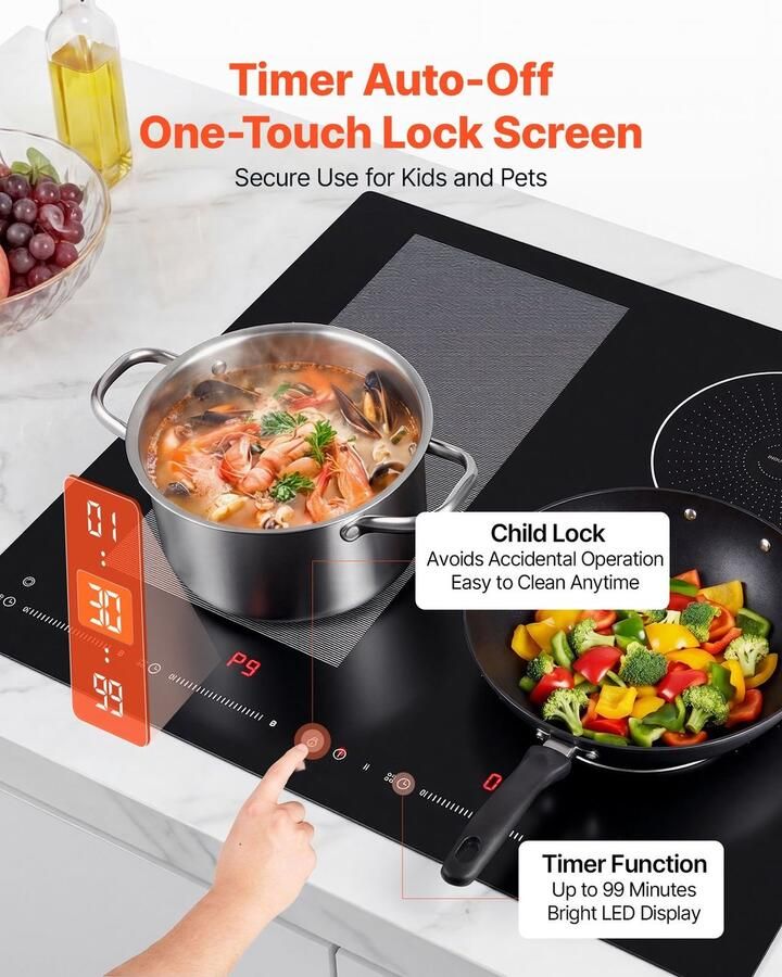 Inductiekookplaat 4 Zones Inbouw Kookplaat 7200 W Vermogen 9 Vermogensniveaus LED-Touchbediening Glaskeramisch Oppervlak Kinderbeveiliging