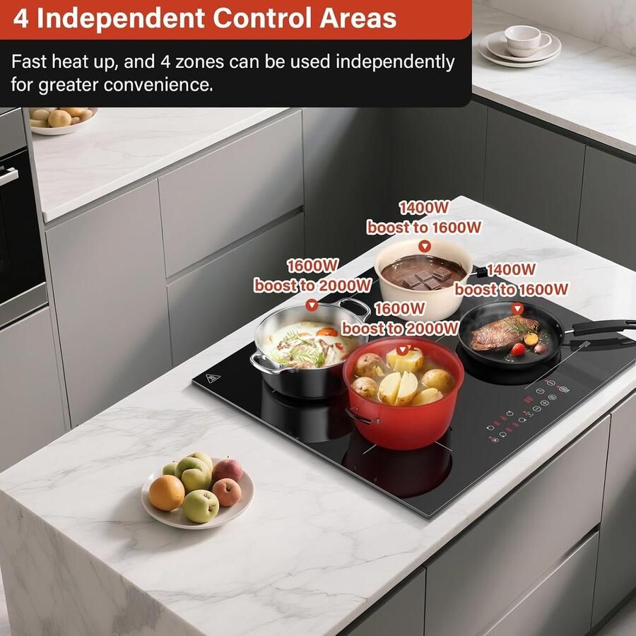 Inductiekookplaat 4 zones Inbouw kookplaat Efficiënt koken Flexibele kookzone 60 cm Zwart