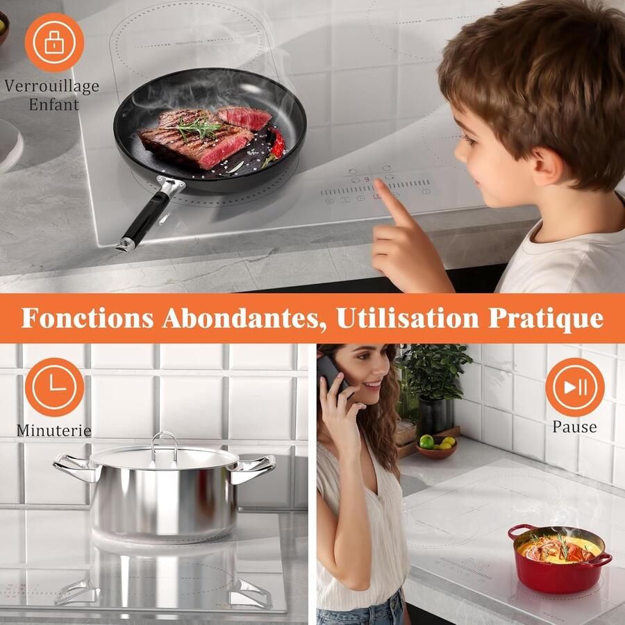Inductiekookplaat 4 zones Koken en dineren Flexibele zone 60 cm Wit - Foto 2